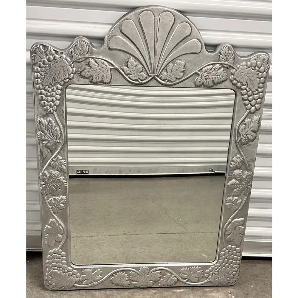 Hand Forged Studio Heavy Pewter Silver Wall Mirror Frame with Grapes Vines